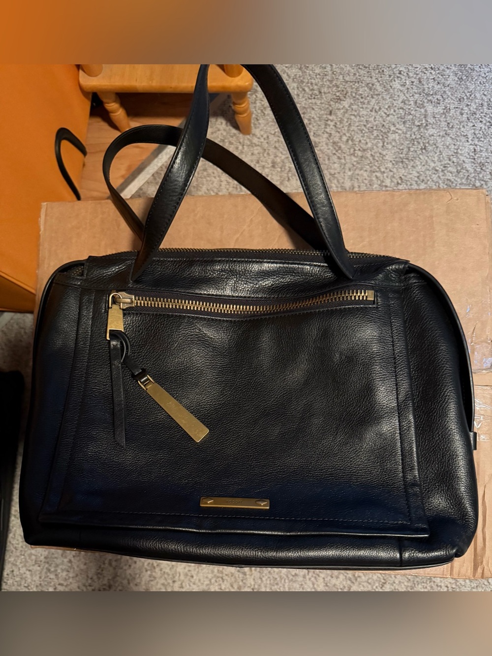 Large Fossil Black Leather Tote Hand Bagwith Gold Accents